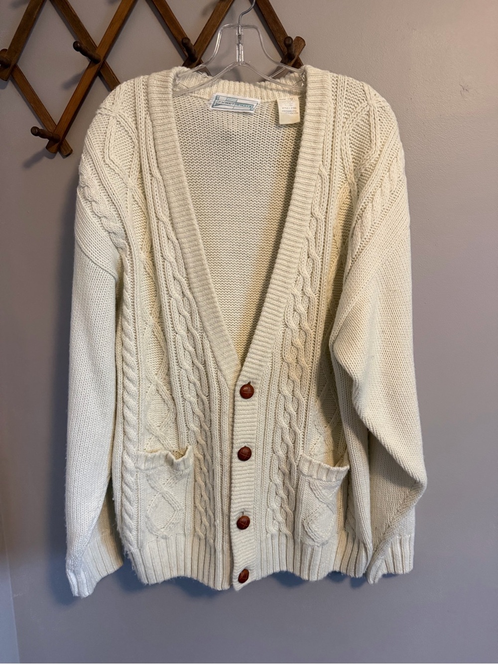 Vintage 80s Sears Functionals Cable Knit Cardigan Cream Off White oversized M